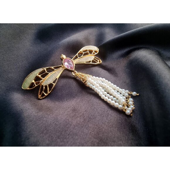 Vintage AVON Signed Dragonfly Green Enamel Pink Rhinestone Faux Pearl Beaded Tai - Picture 4 of 7